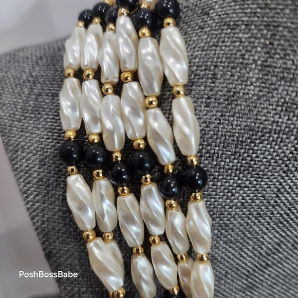 Vintage 5-Strand Faux Pearl & Black Bead Necklace Bracelet Set 20"/9" Gold Tone - Picture 3 of 6